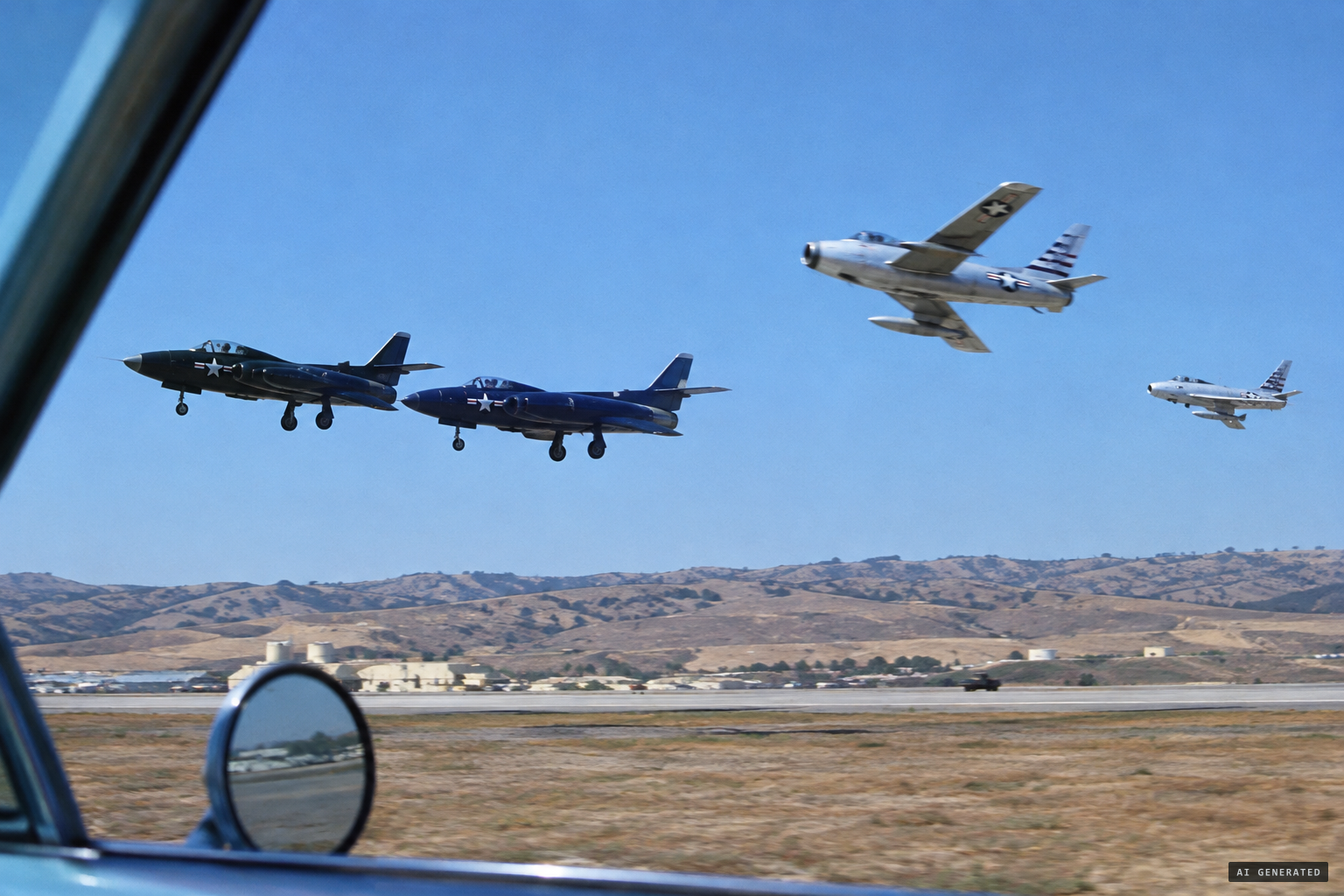 Two F7U3s fly wing to wing with gear down as FJ3s cross their path.