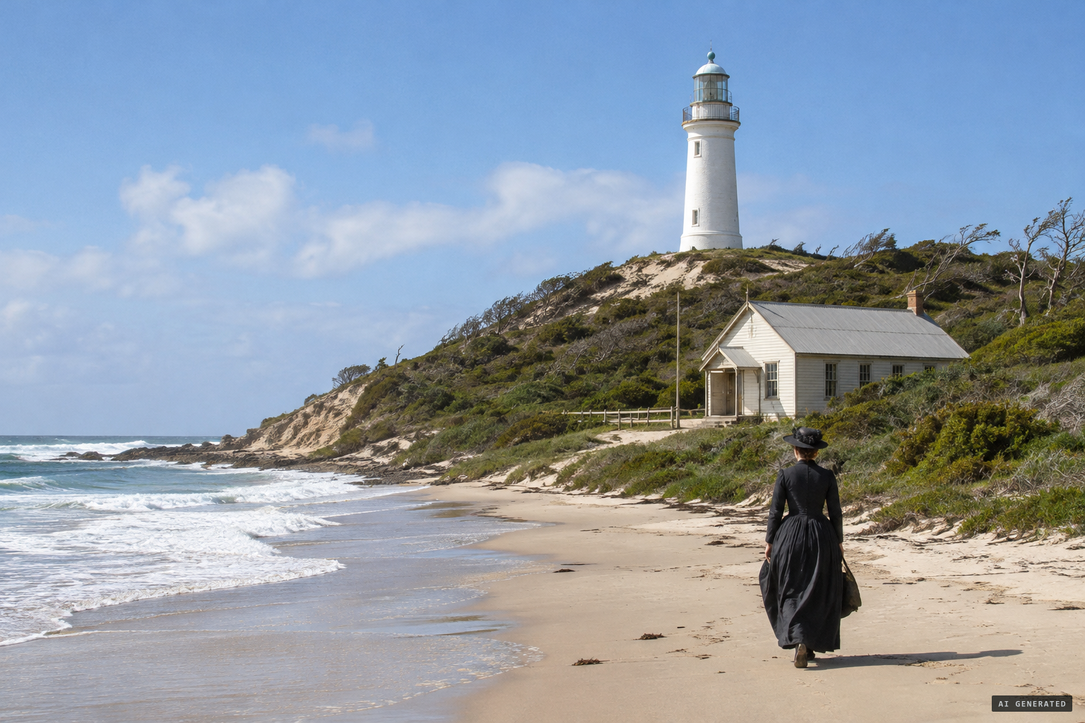 The provisional school at the foot of the Sandy Cape lighthouse