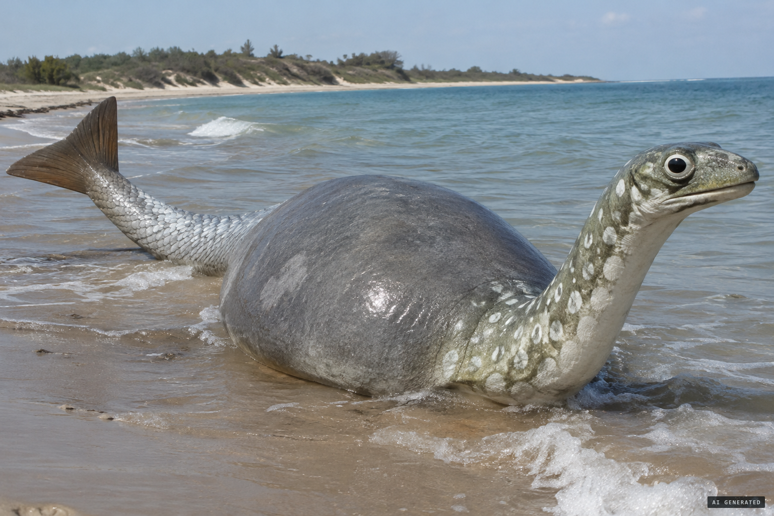 Dome-shaped body, spotted turtle neck, lizard face and scaled fish tail
