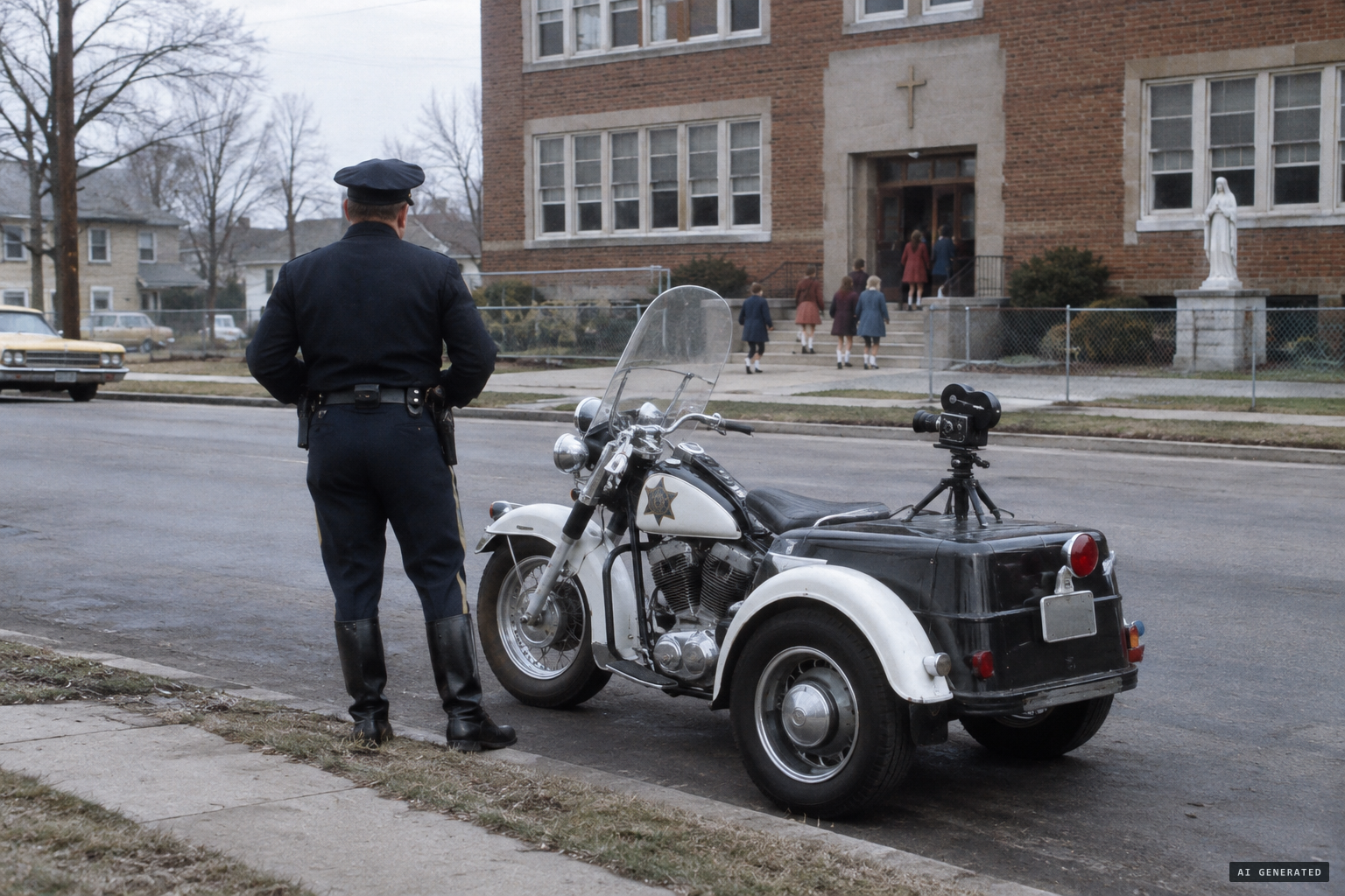 Patrolman Bill Fisher parks his trike across from Sacred Heart School