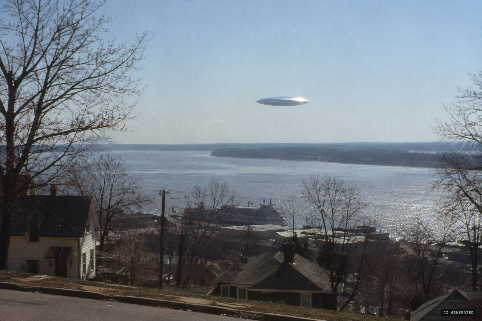 A bright silvery object hangs over the Mississippi
