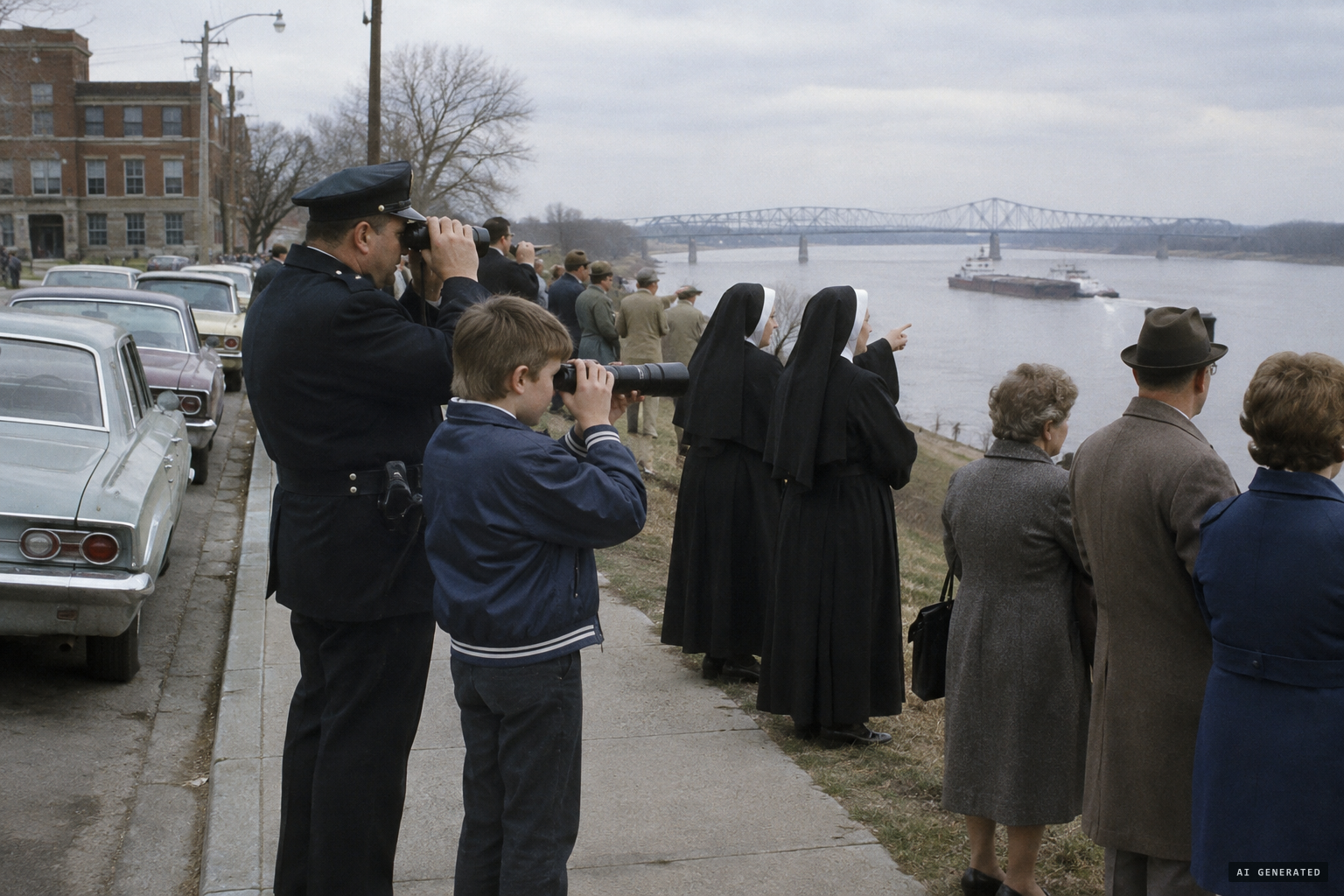 Carl Petrick looks through the lens as nuns and neighbours watch