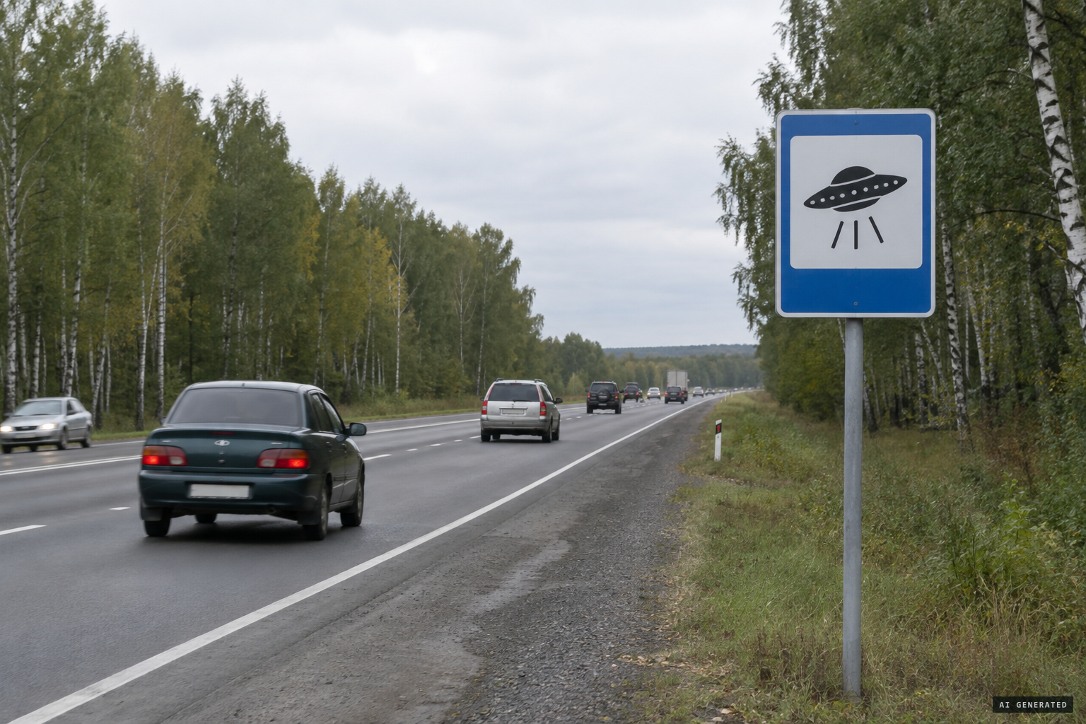 A UFO road sign goes up beside the Perm to Yekaterinburg highway in 2010