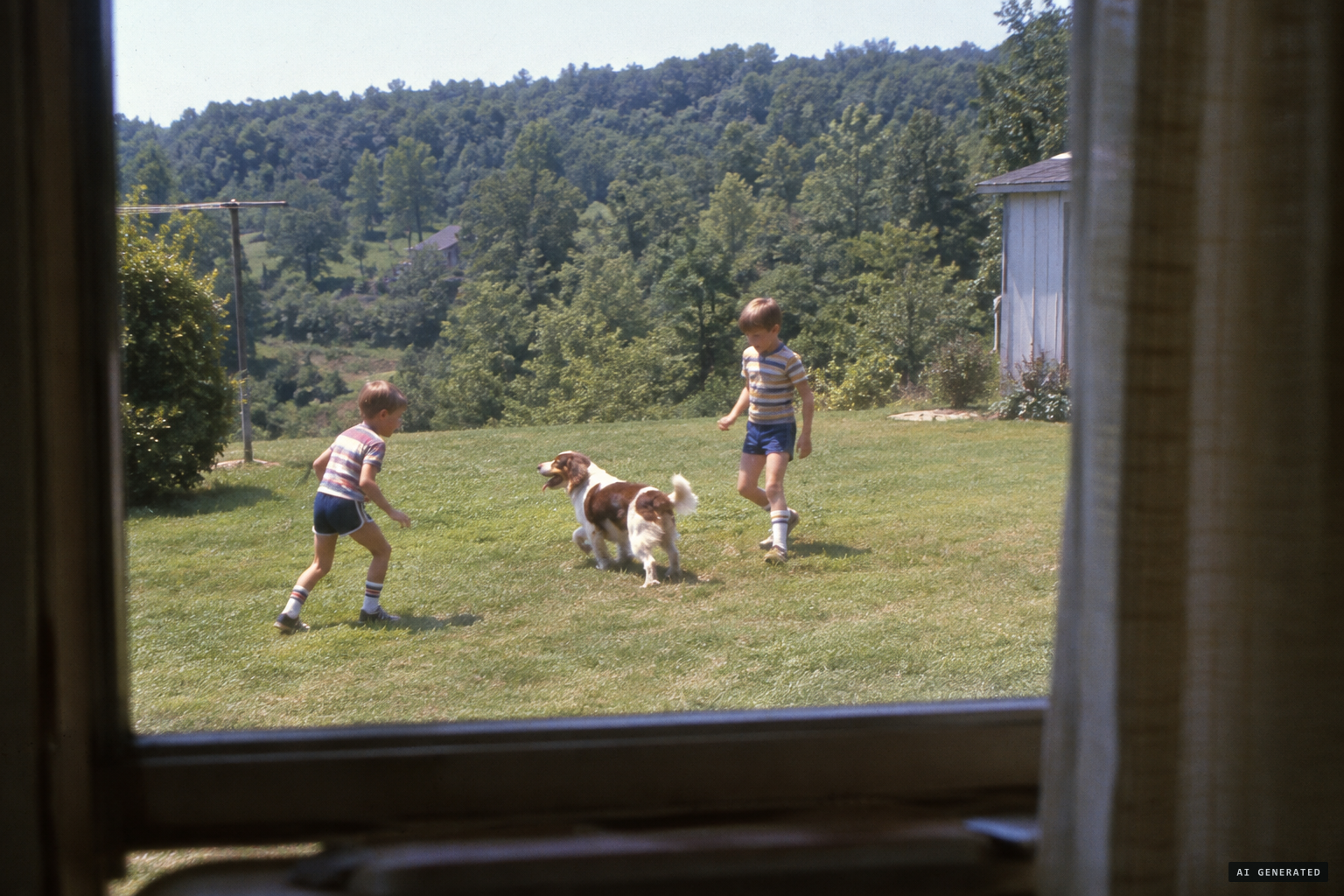 Terry Harrison and his little brother playing in the yard with their dog