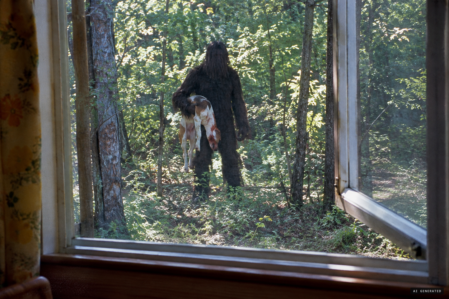 The tall, black, shaggy creature at the woods' edge with a dead dog under its arm