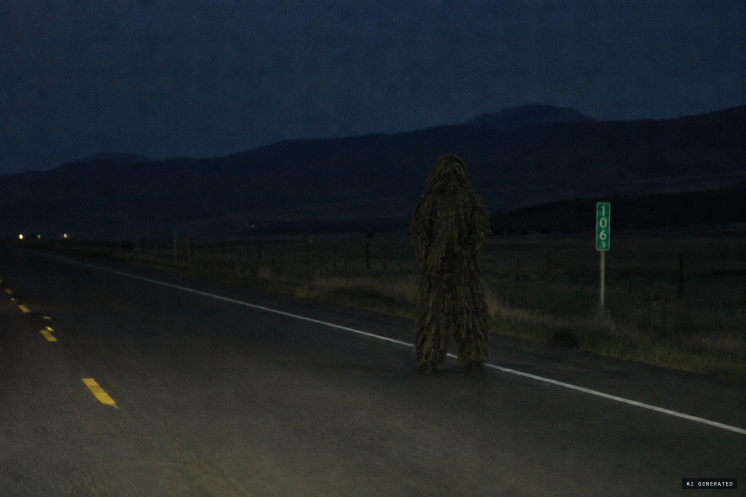 A man in a dark ghillie suit stands in the right-hand lane of Highway 93 at night
