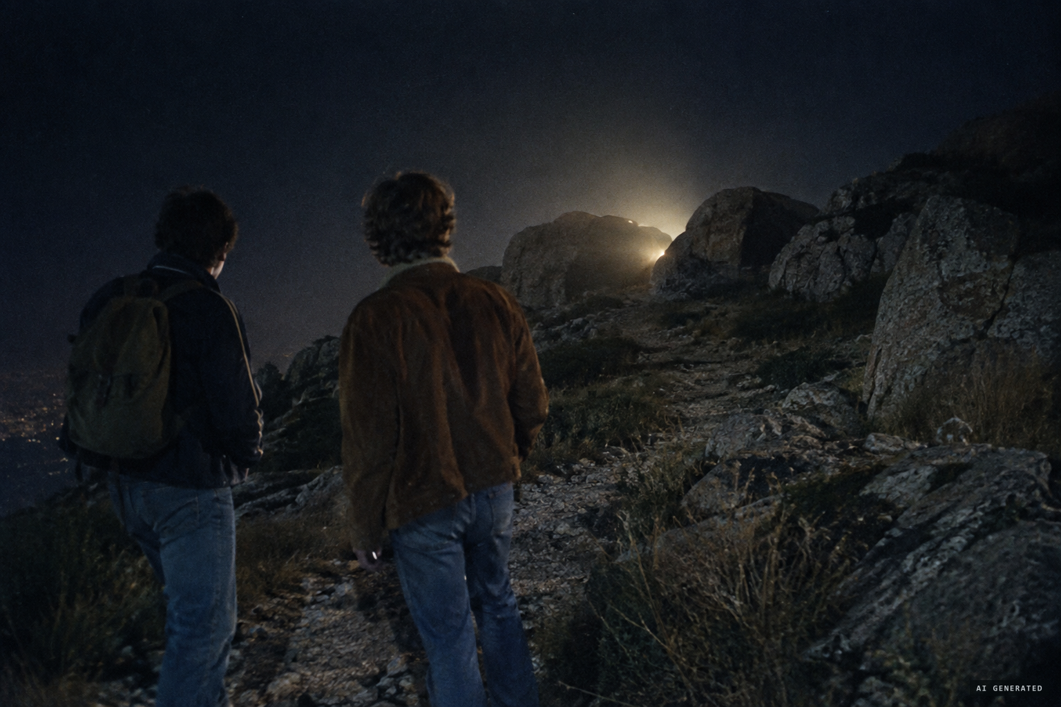 Two of them notice a glow behind some rocks