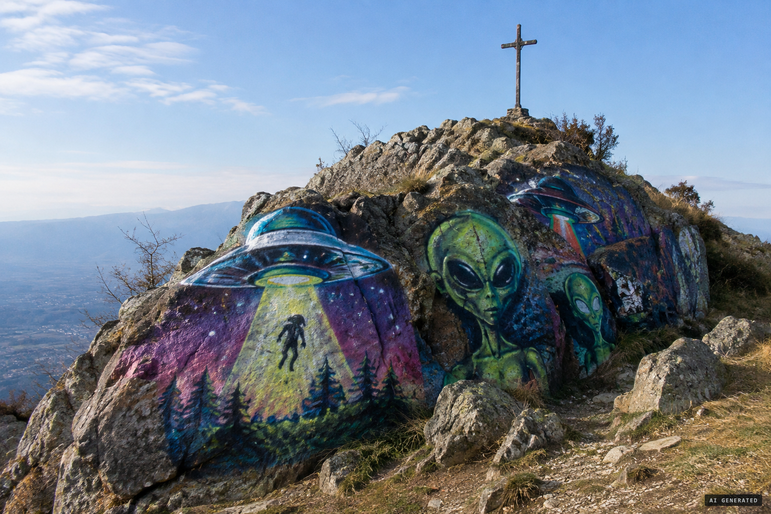 UFO graffiti on the rocks of Italy's UFO mountain