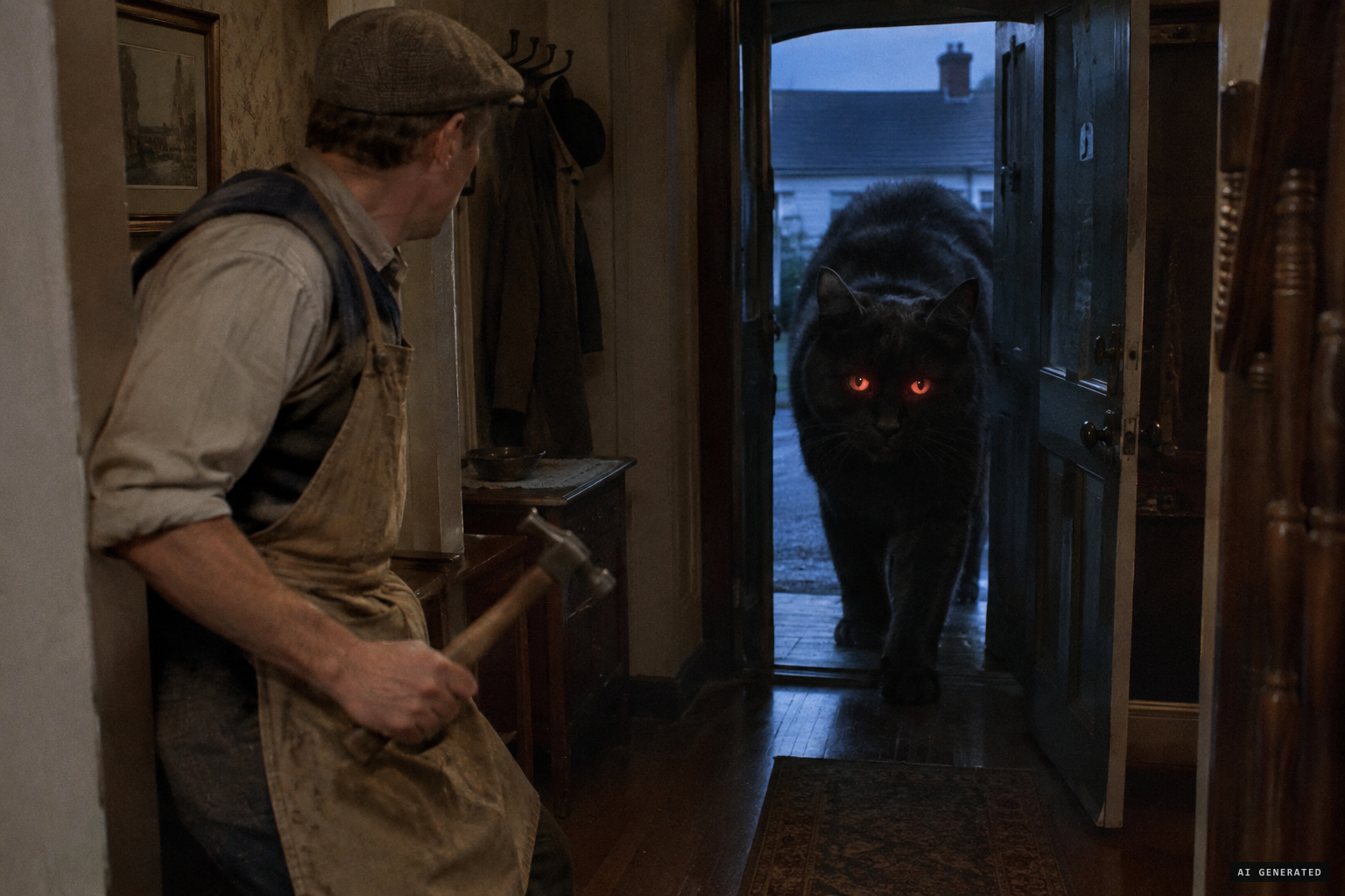 A carpenter sees an enormous black cat enter and stare