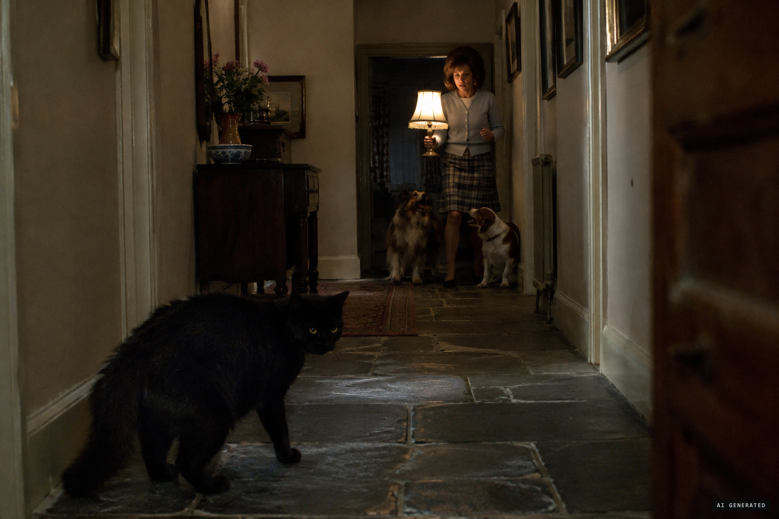Margaret O'Brien sees the cat glaring from the hallway flagstones