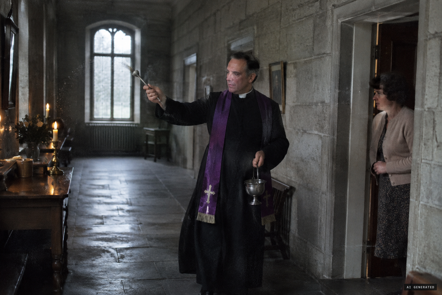 A priest exorcises the house