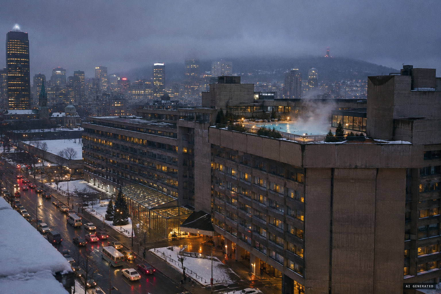 The Hilton Bonaventure's rooftop pool atop Place Bonaventure under thick snow clouds