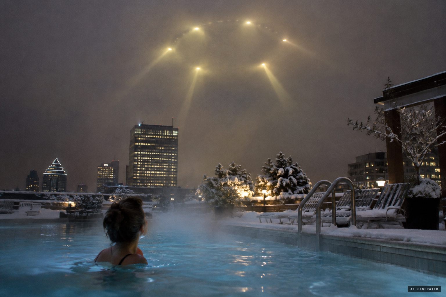 From the pool, a lighted circle with six lights and rays appears overhead