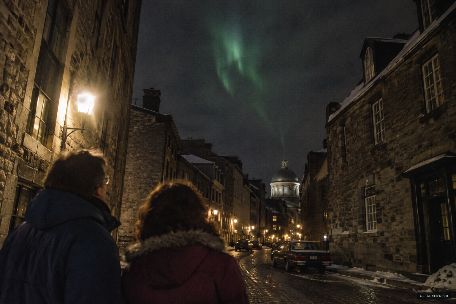 From Old Montreal, a small greenish aurora-like glow with long streamers