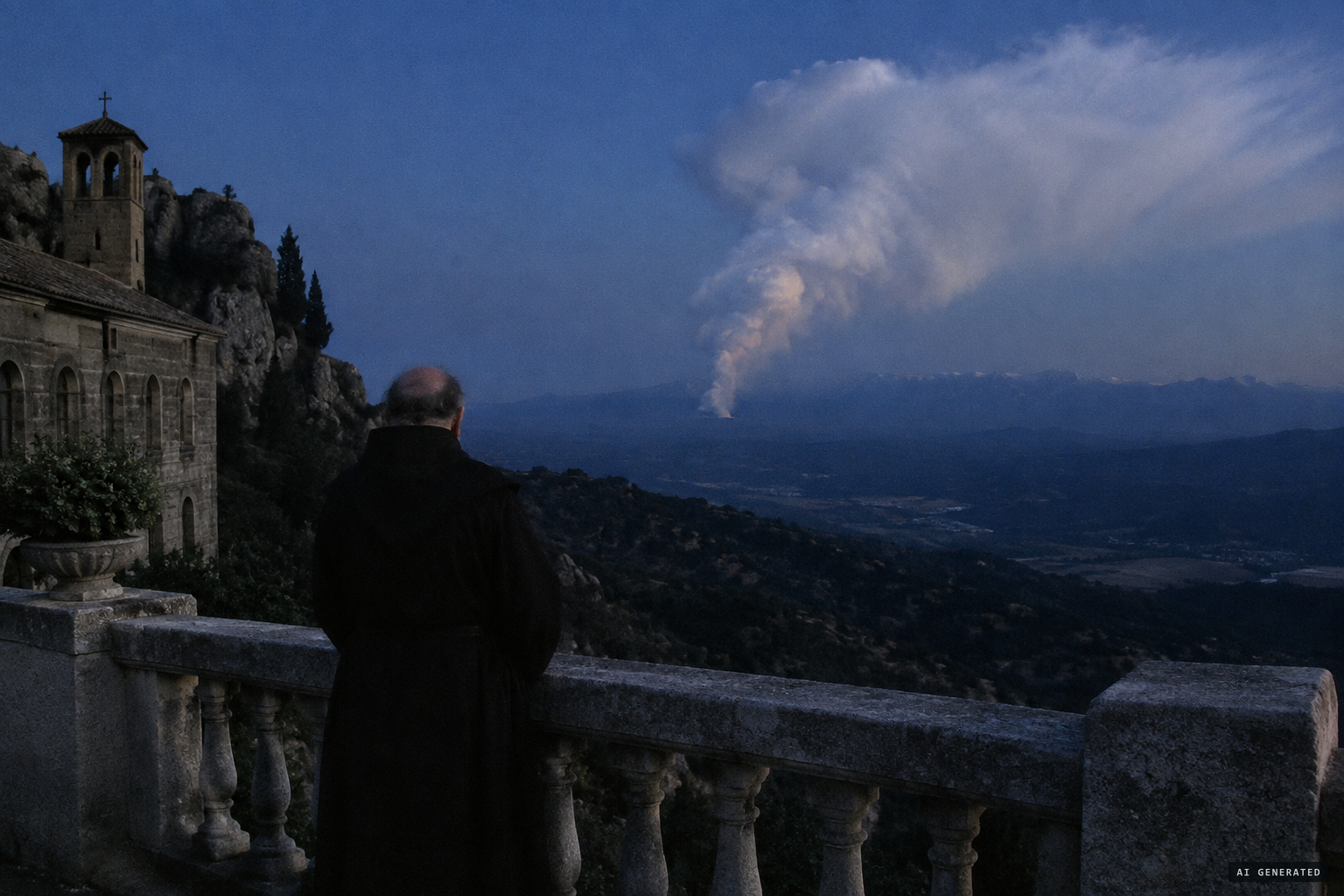 The Abbot of Montserrat watches a fan of white smoke descend to the north