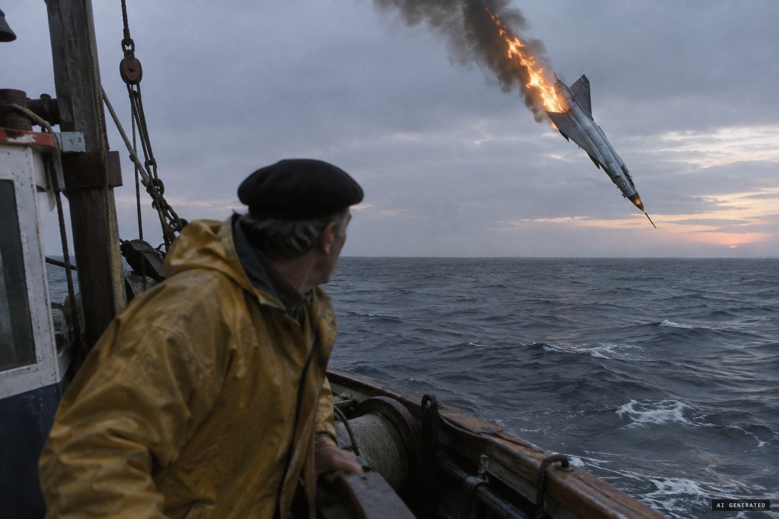 A fishing captain sees a large silver jet with a spiked nose fall burning into the sea