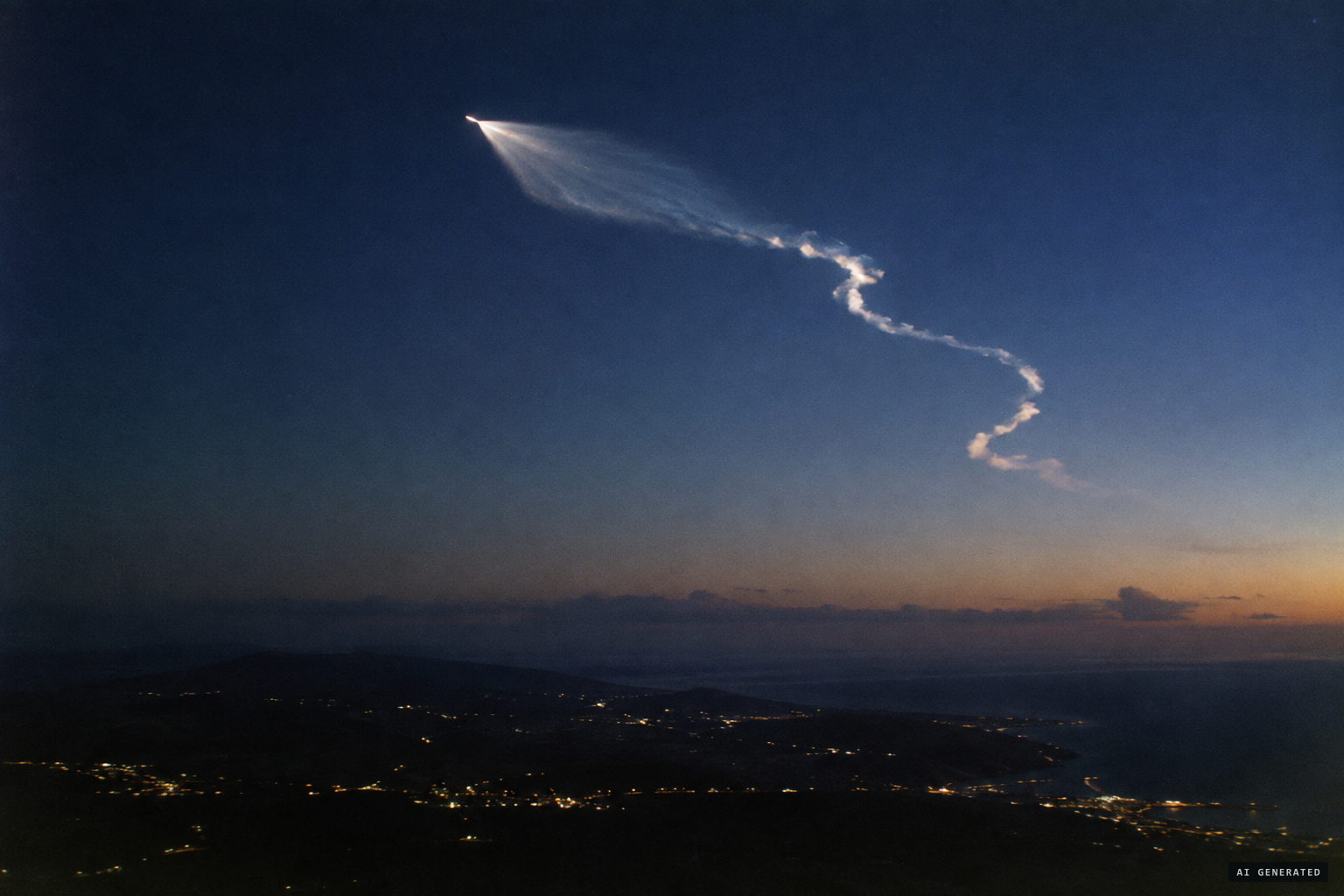 A twilight launch: the high trail still sunlit while the ground lay in darkness