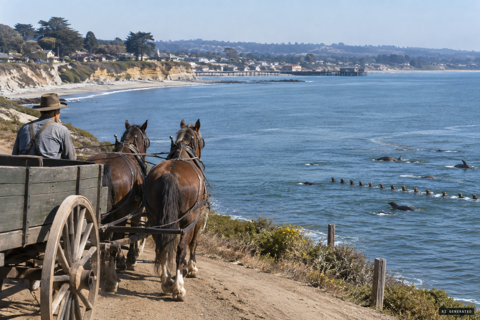 E. J. Lear, driving his team toward Capitola, sees sea lions lined up offshore