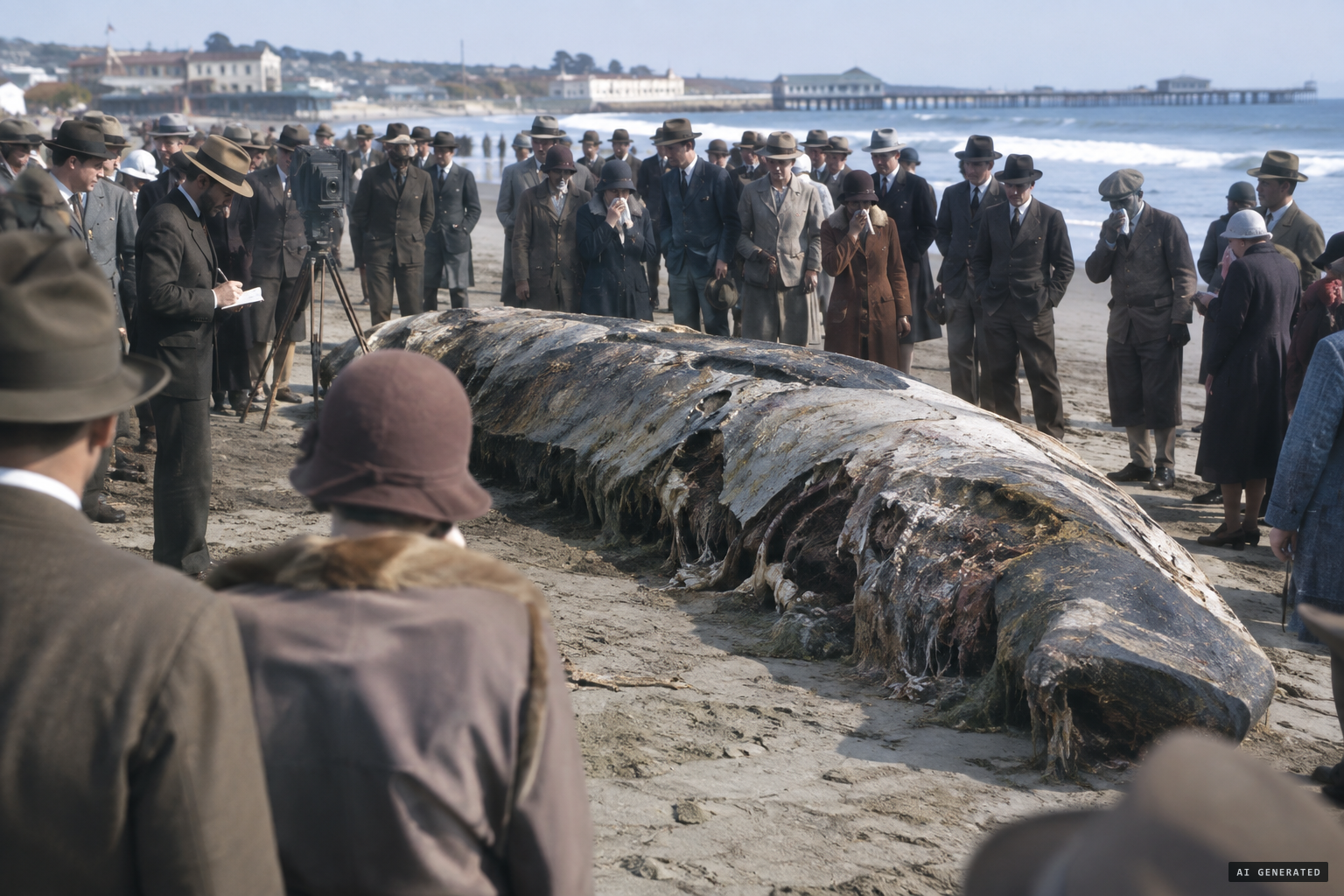 Reporters and onlookers around the reeking carcass as the descriptions grew