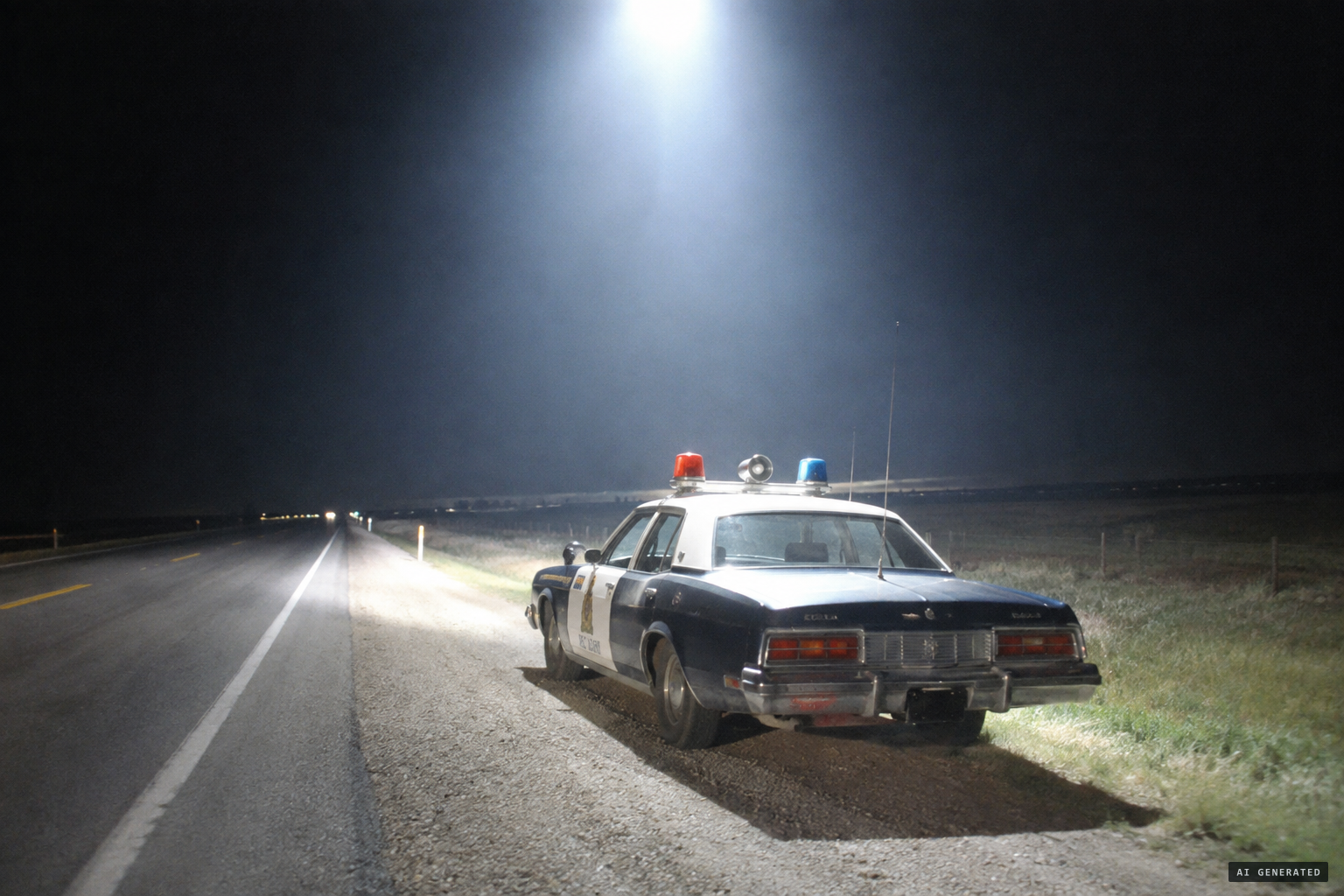 A bright light completely illuminates Constable Woodward's parked police car