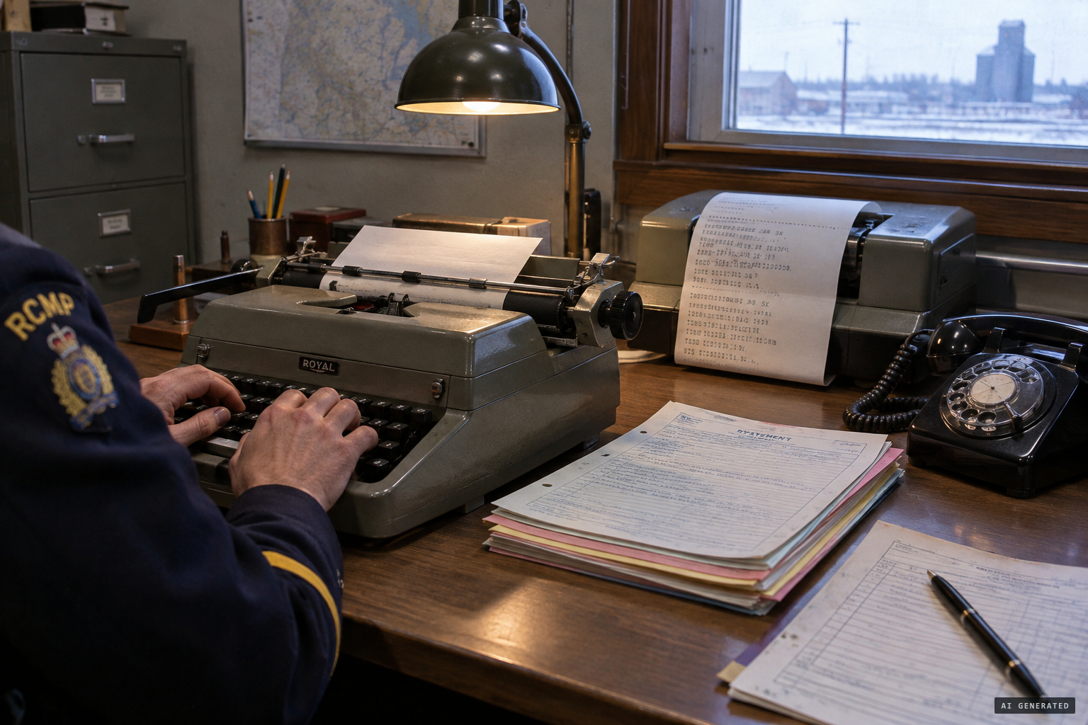 Constable Mann compiles the RCMP report on May 29, 1975