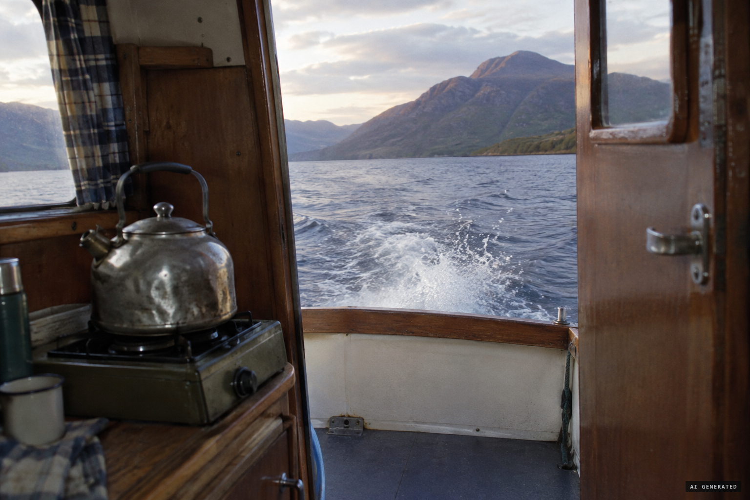 The kettle on the stove, then a splash behind the boat