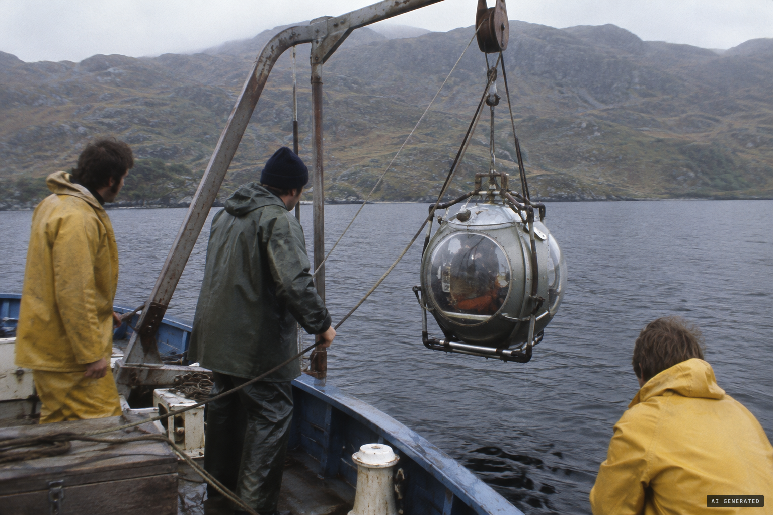 1975: Adrian Shine's expedition lowers the Machan observation sphere about 30 feet down