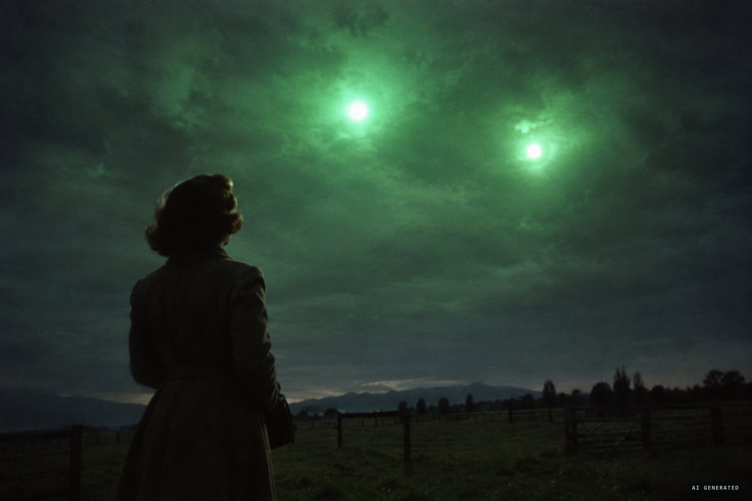 An odd green glow in the clouds, and two green lights like eyes