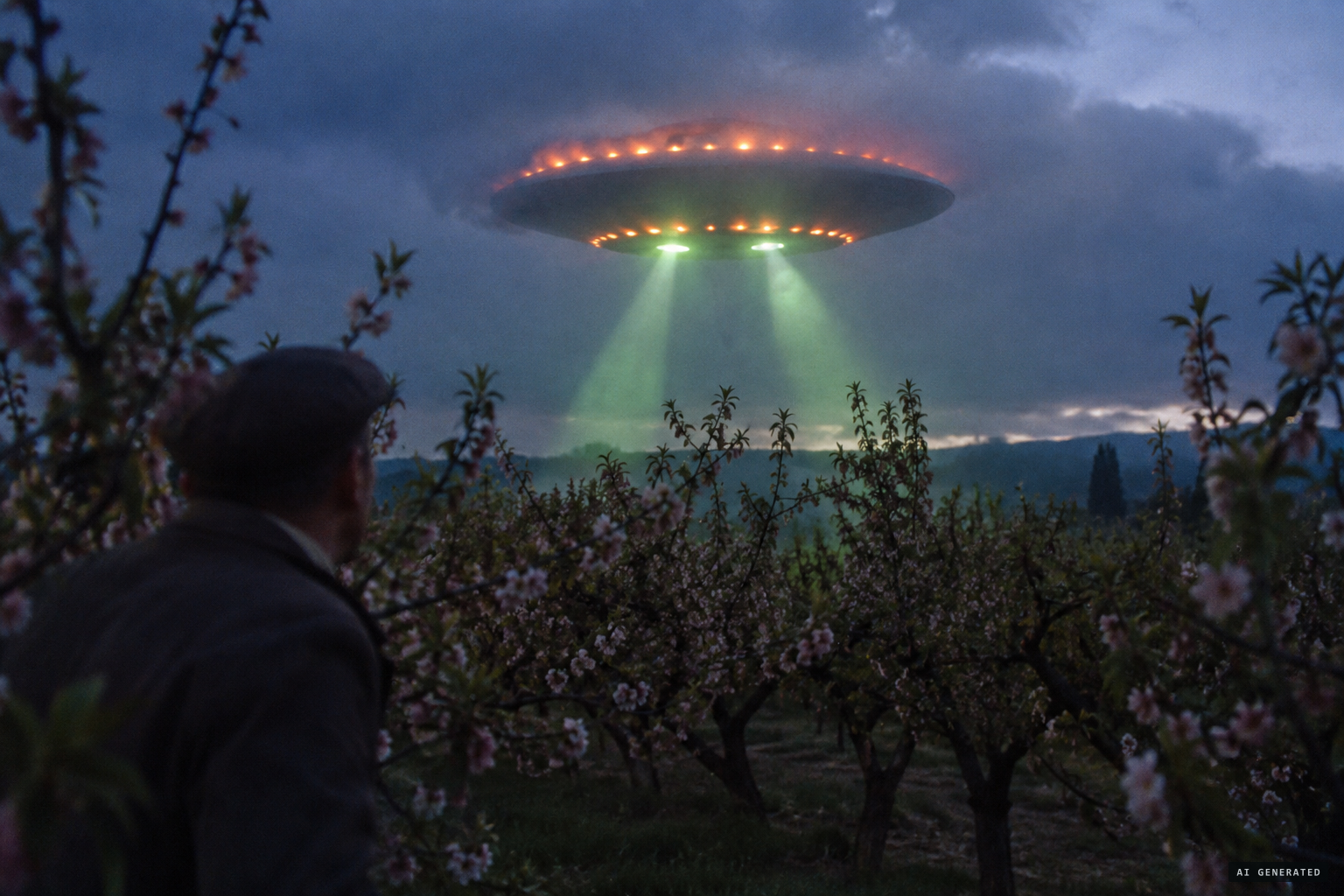 The saucer descends, ringed with orange jets