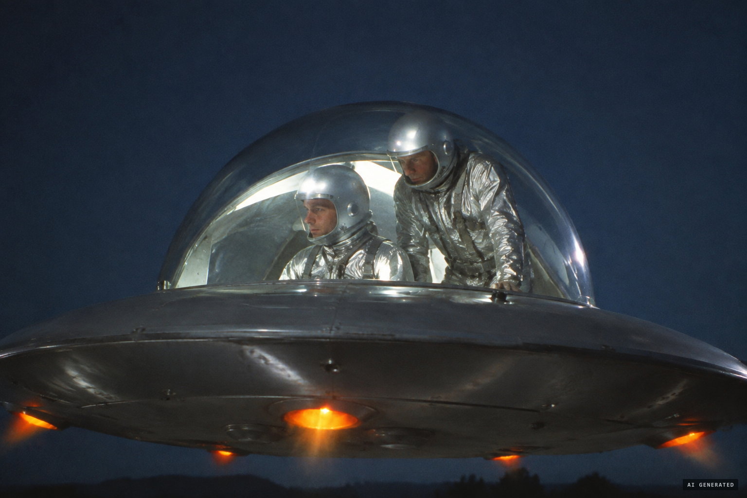 Two figures in silver suits and helmets sit inside the lit dome