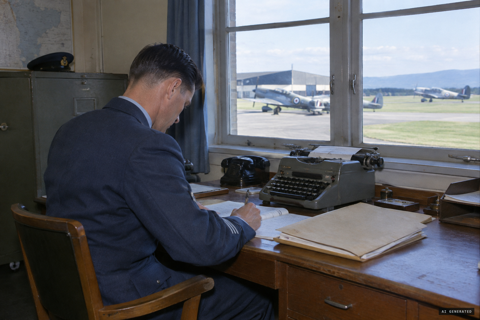 Flight Lieutenant Jennings writes up the inquiry by hand at Woodbourne