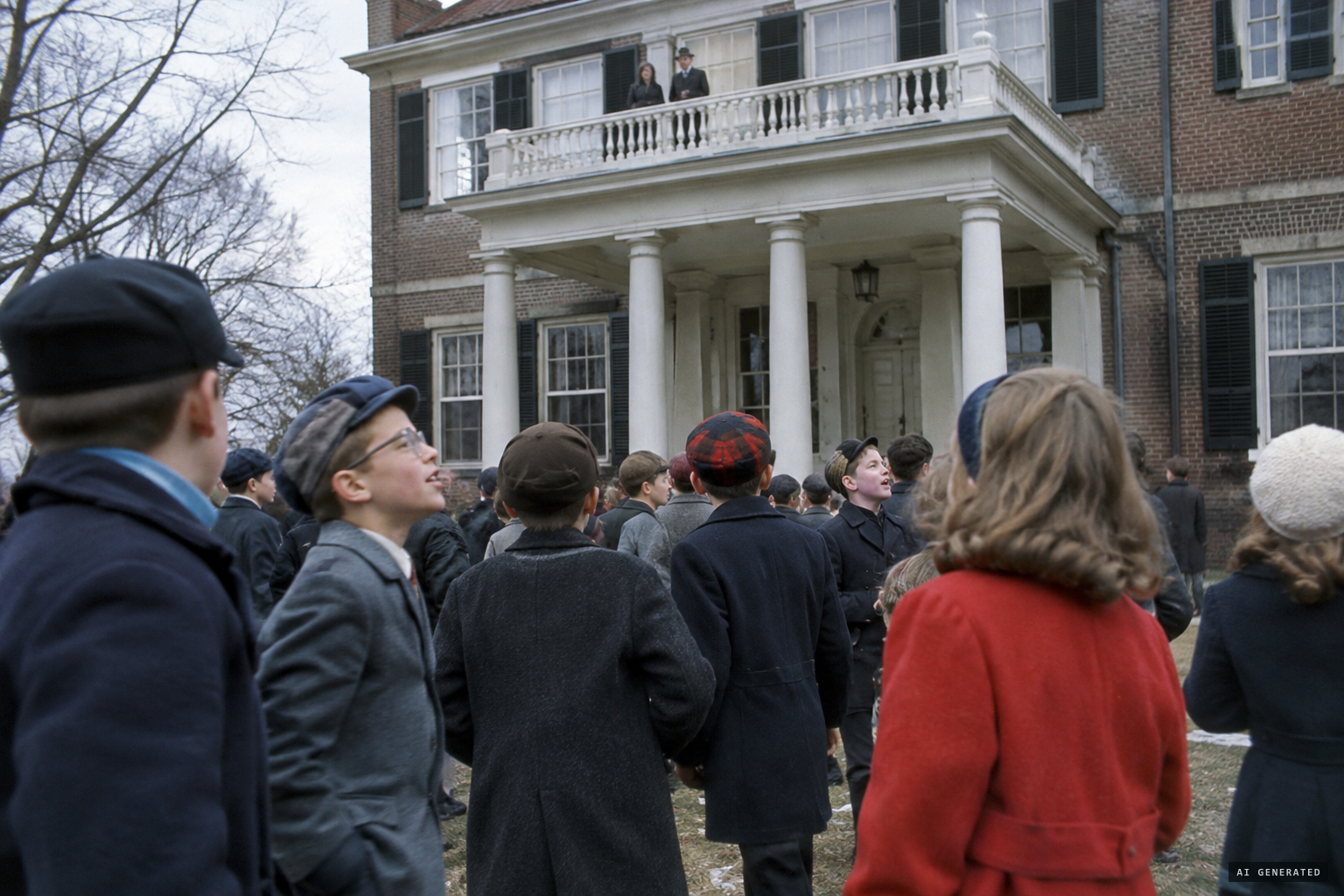 A noisy school group waits on the lawn in January 1964