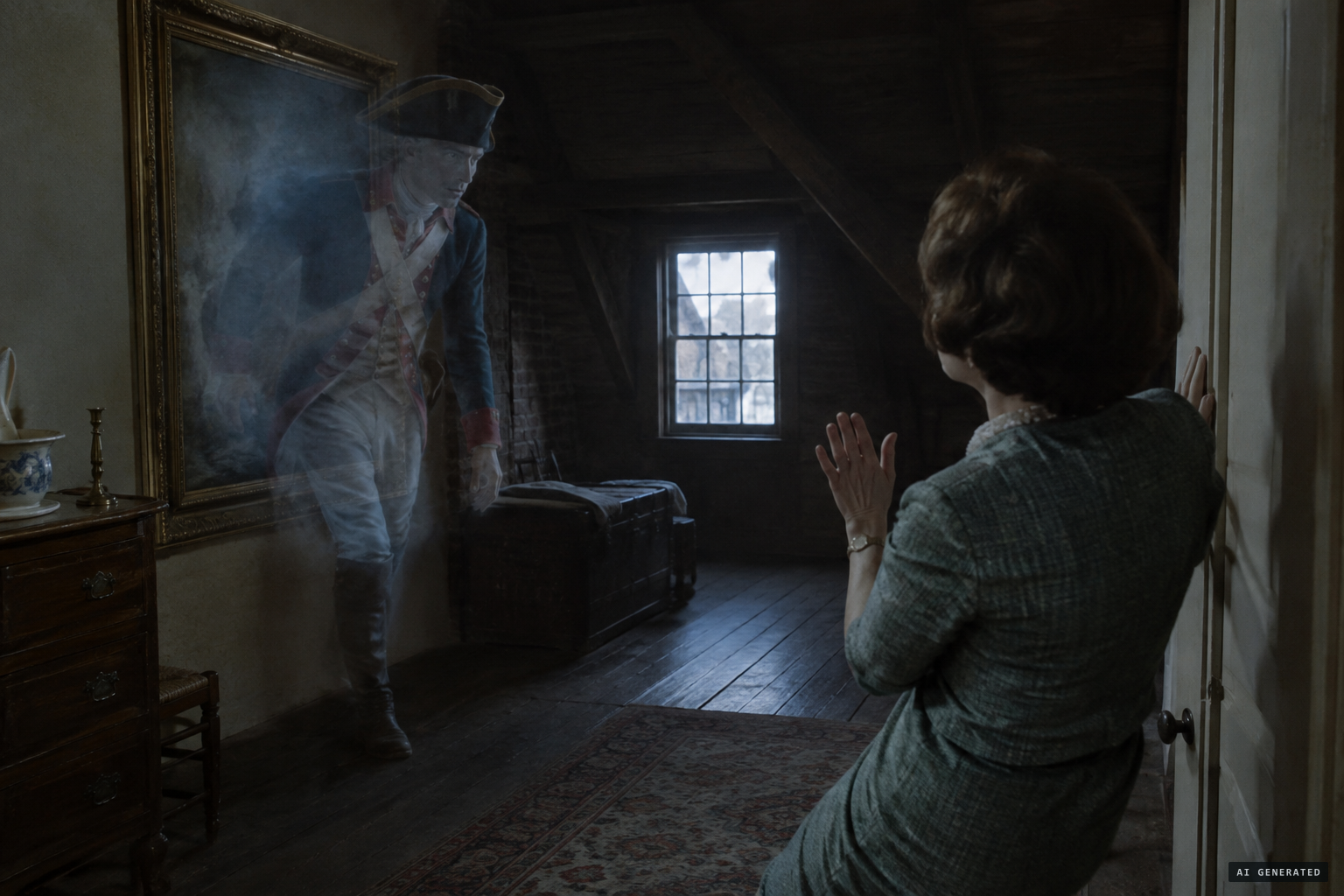 A Revolutionary soldier steps out of a painting on the top floor