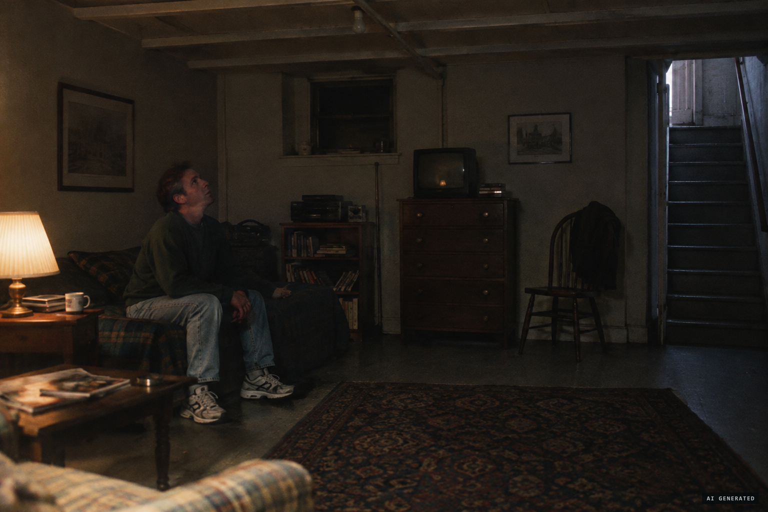 The caretaker hears heavy footsteps overhead in the empty house