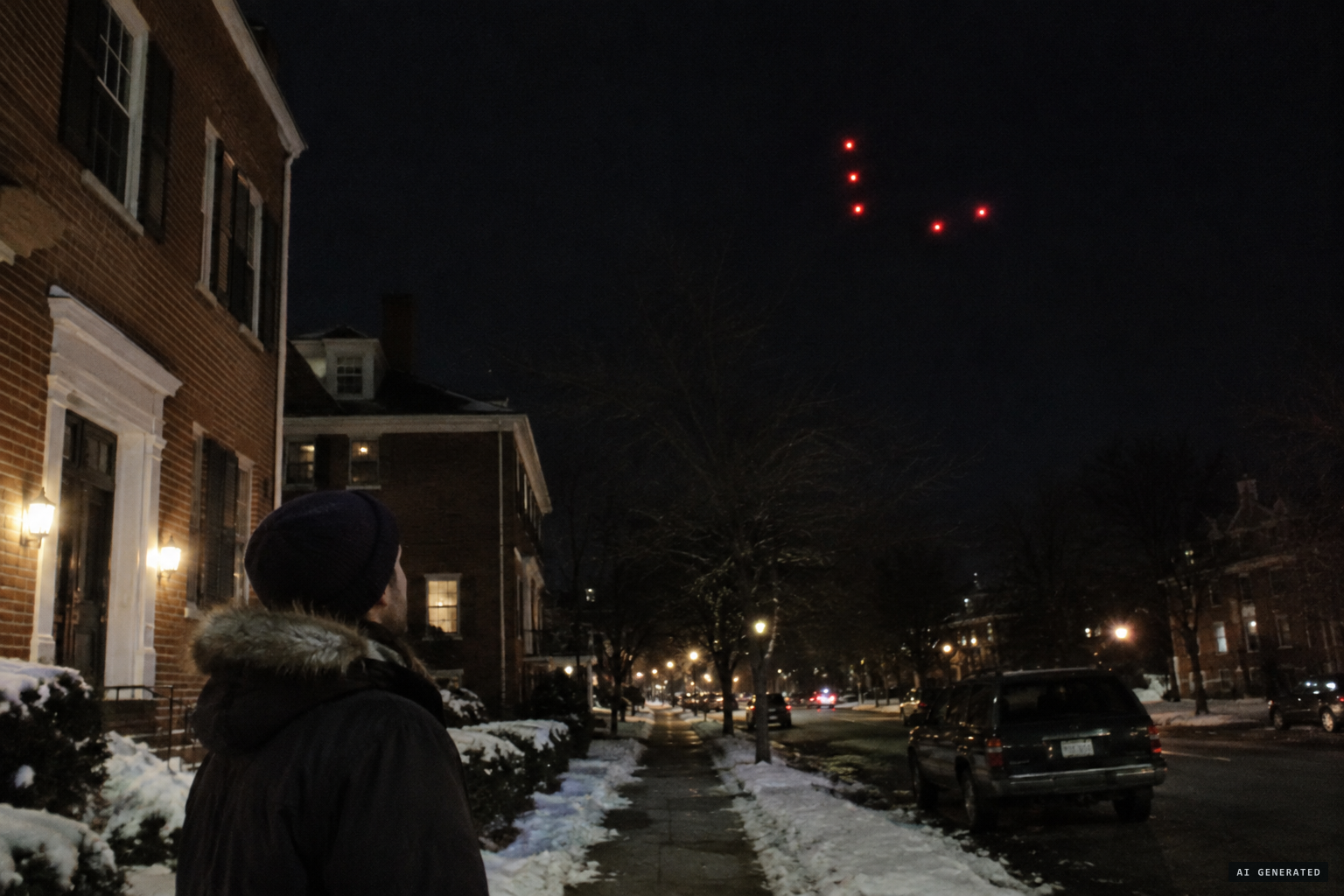 An L-shaped formation of red lights oscillating over Morristown