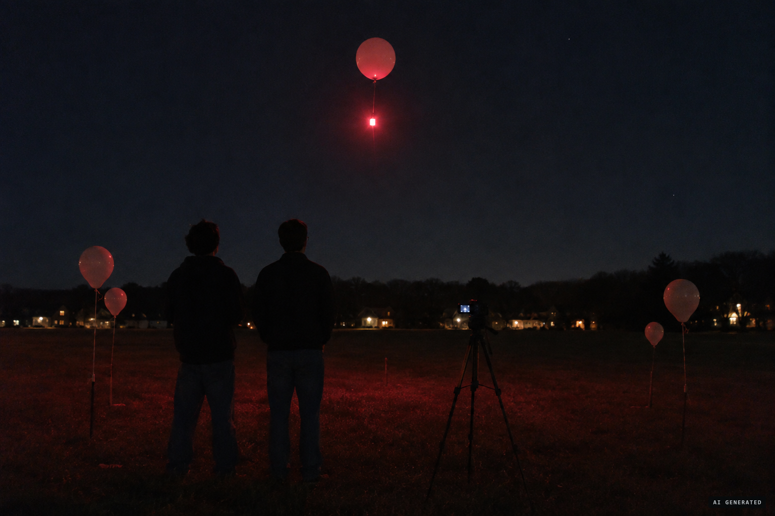 Helium balloons, each tied to a 15-minute flare with fishing line