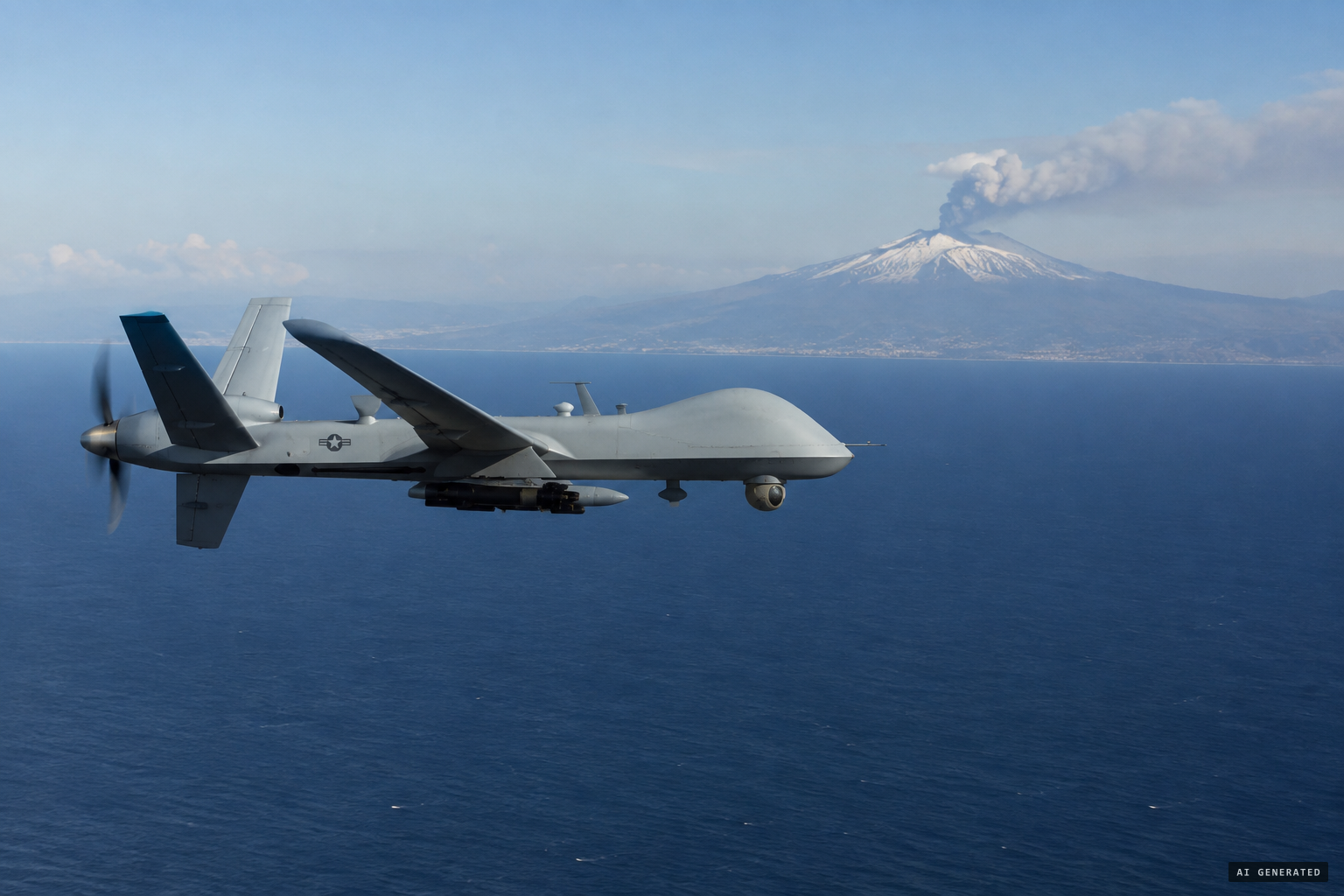 An uncrewed U.S. Air Force platform watches the volcano from over the Mediterranean
