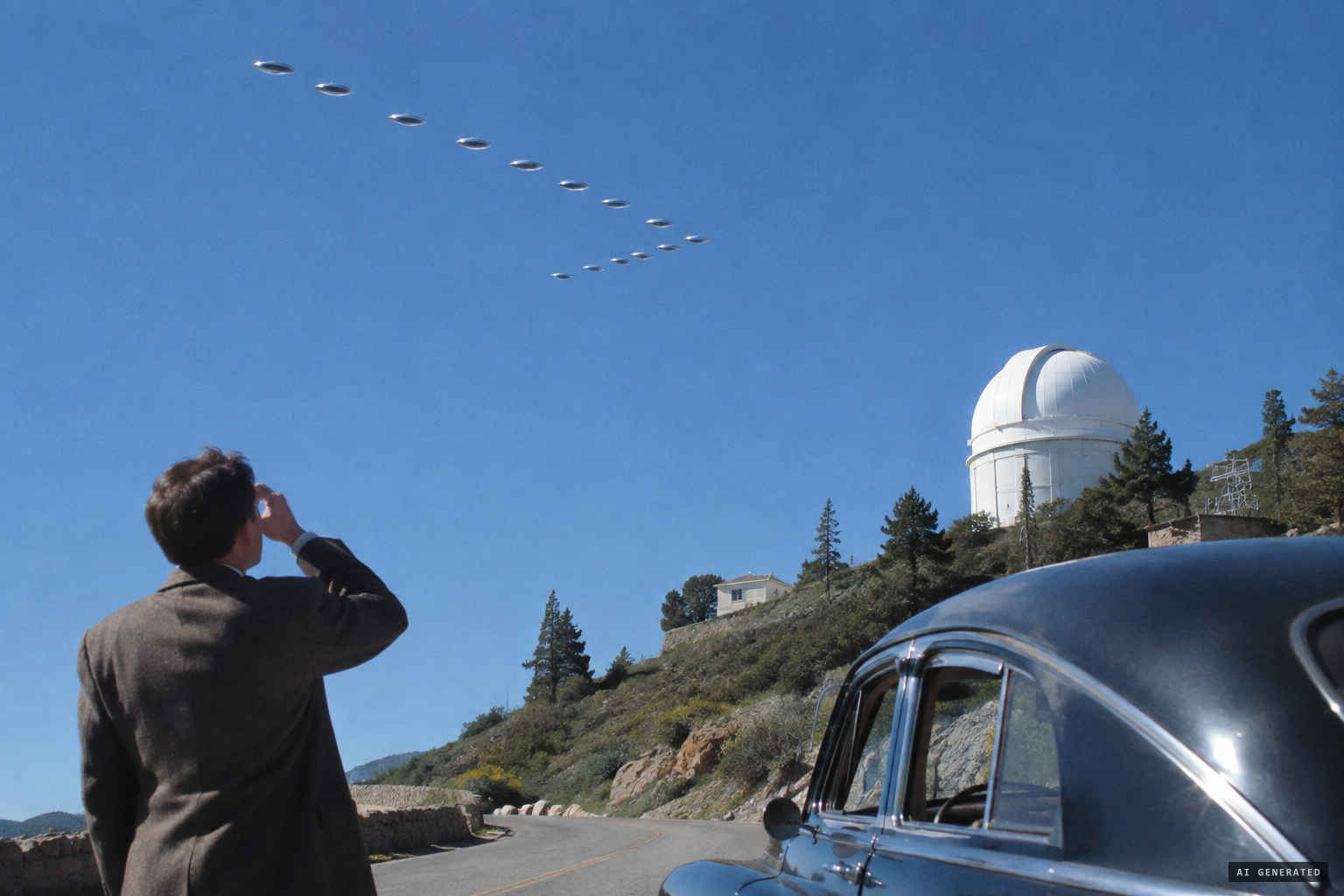 A perfect "V of V's" formation of 16 to 18 silver objects crosses overhead