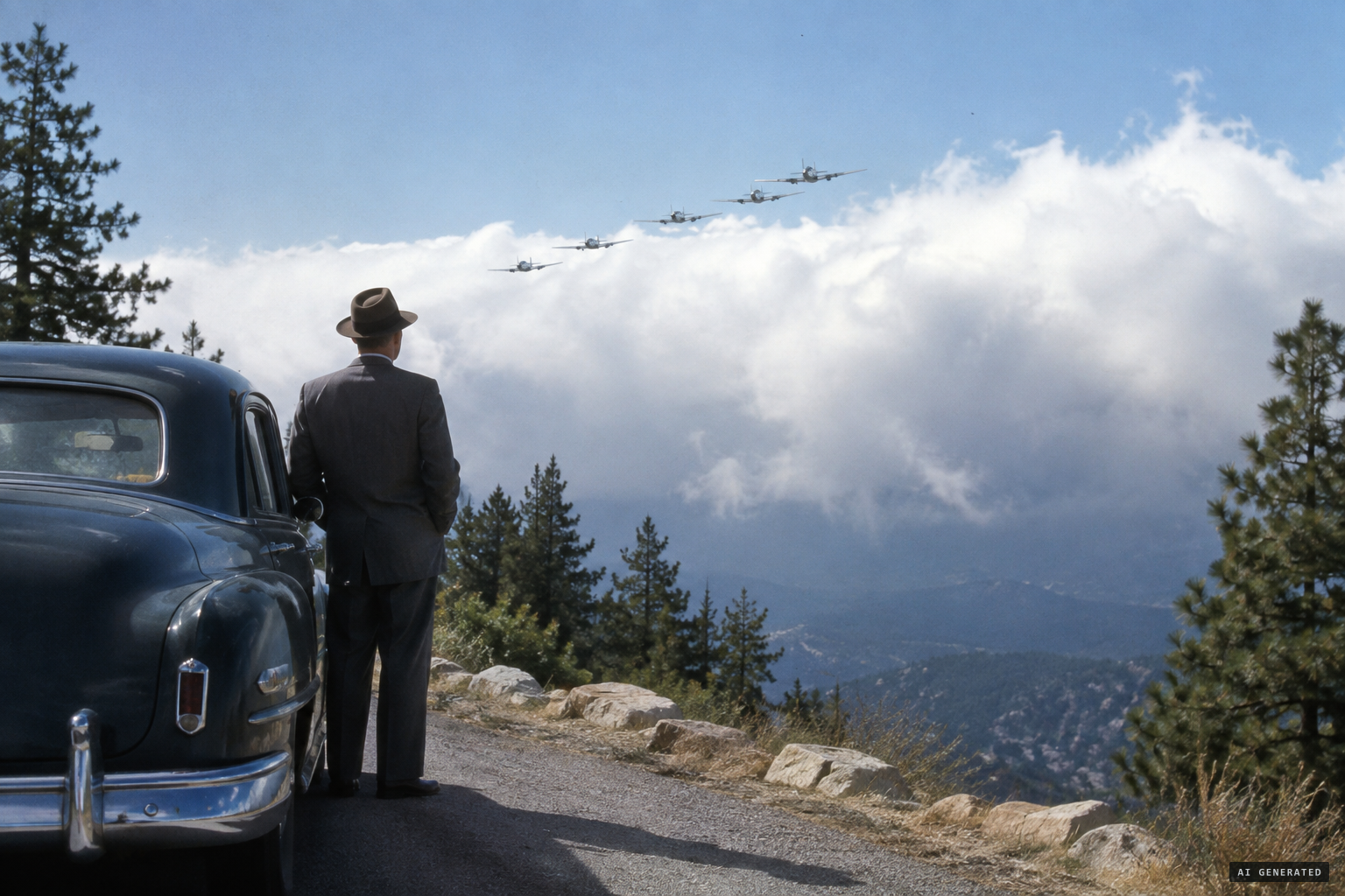Marshall stops his car and watches the objects vanish behind cloud
