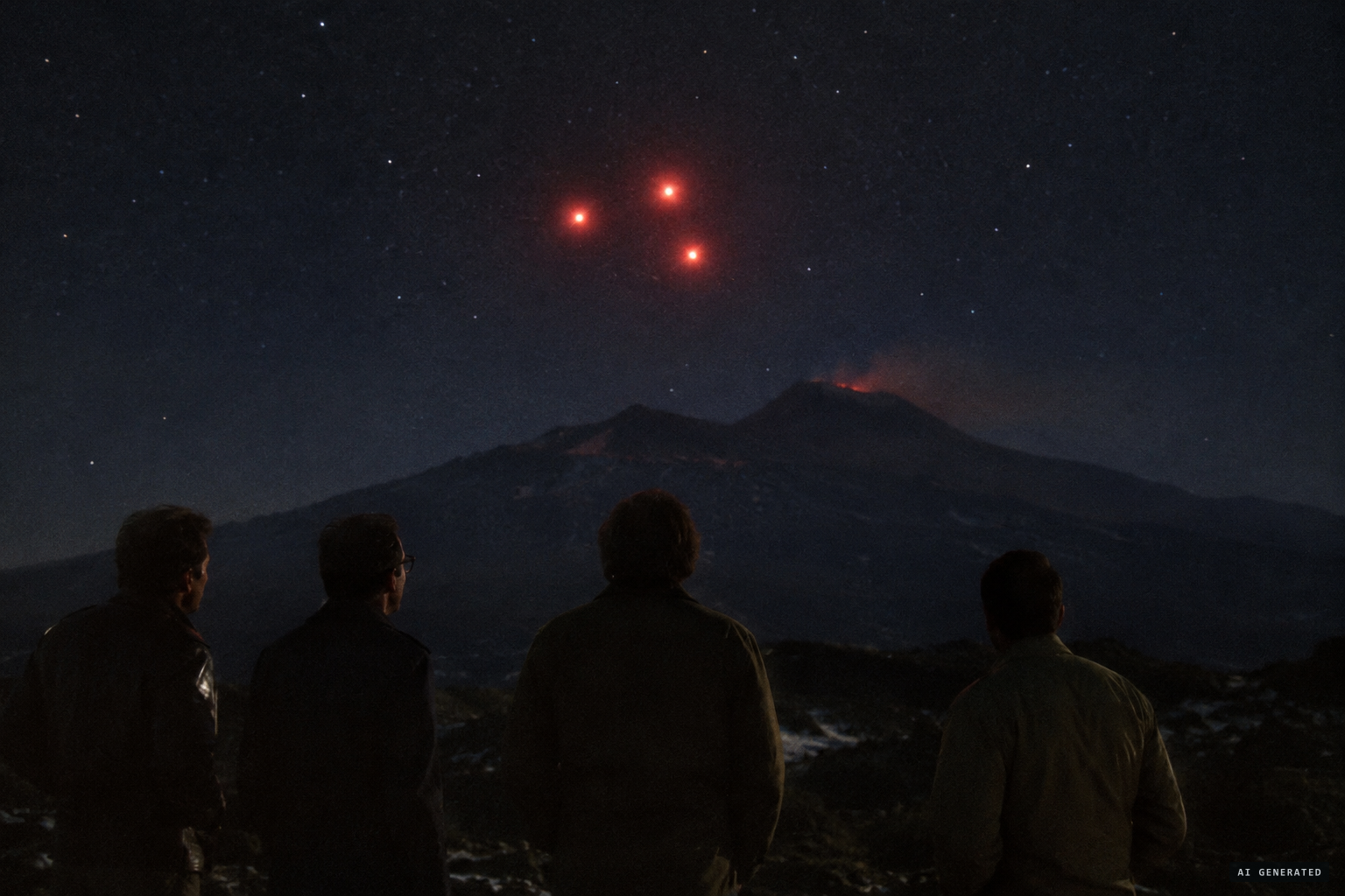 Three bright red lights hovering and pulsating in the sky.