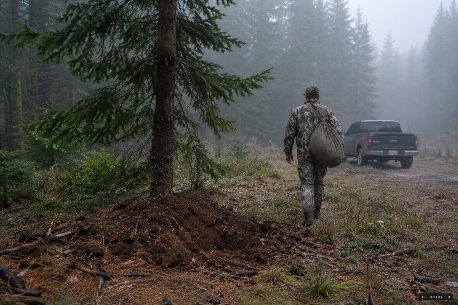 A human hunter leaving a bait pile of low-meat parts