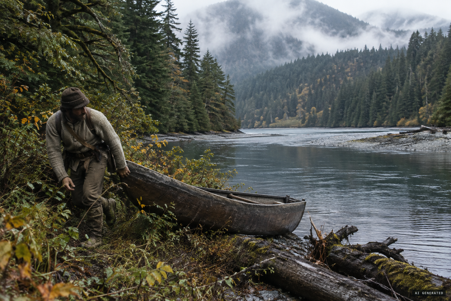 Harry caches his canoe at the mouth of the Conuma River