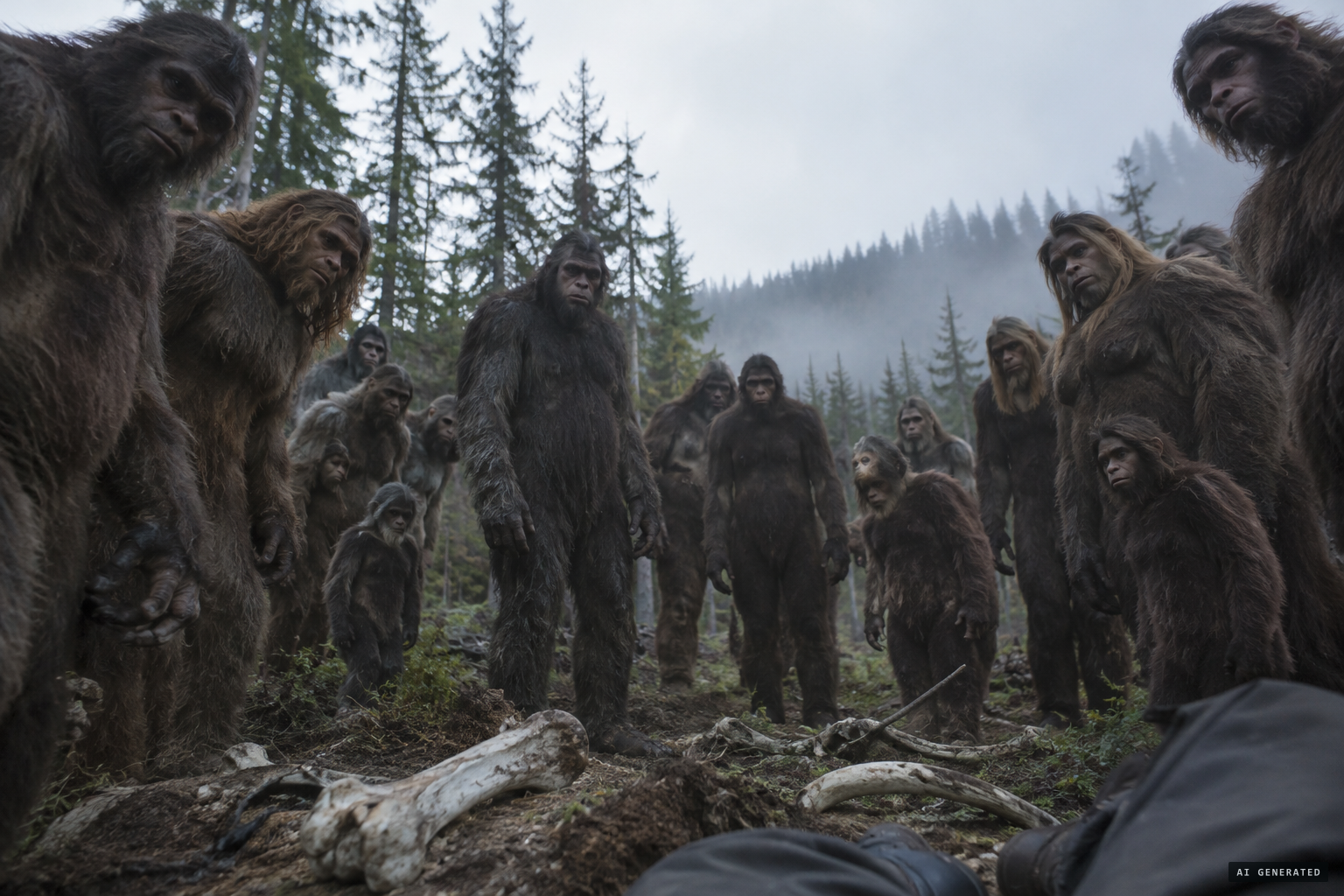At first light, about twenty Sasquatches surround him among scattered bones