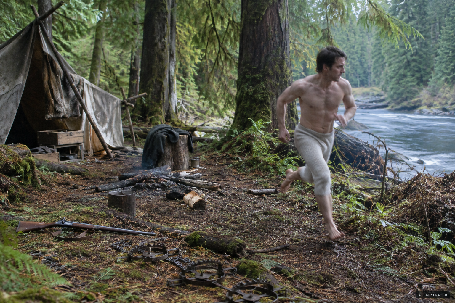 Harry races past his camp, leaving gun and traps behind