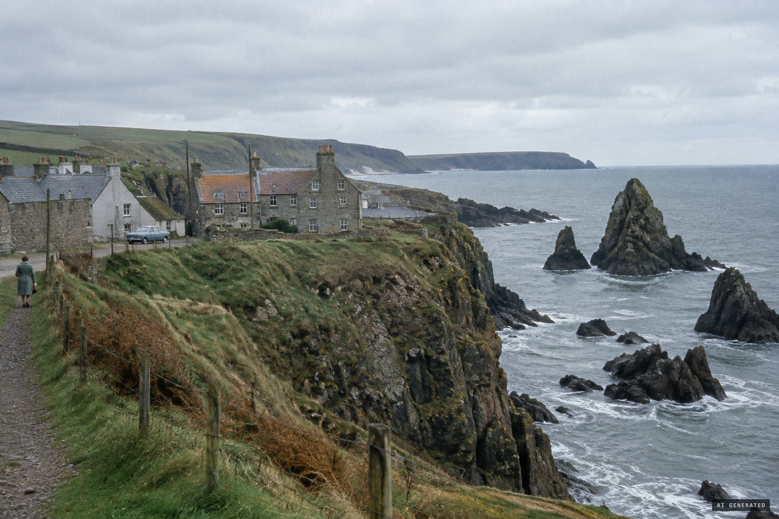 Muchalls, a former fishing village among cliffs and sea stacks on the North Sea coast