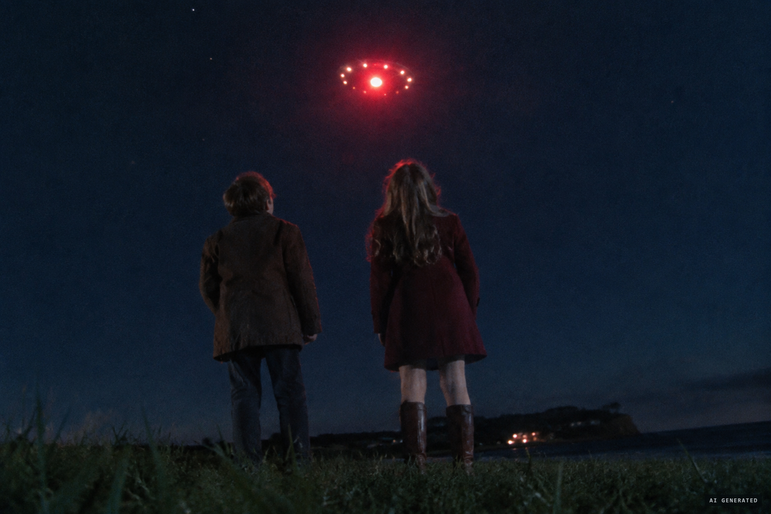 The red light hovers over Moir and his sister, showing a small ring of lights