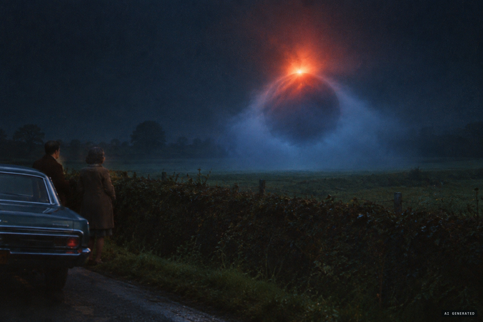 Spherical, orange and crimson on top, shrouded in bluish fog