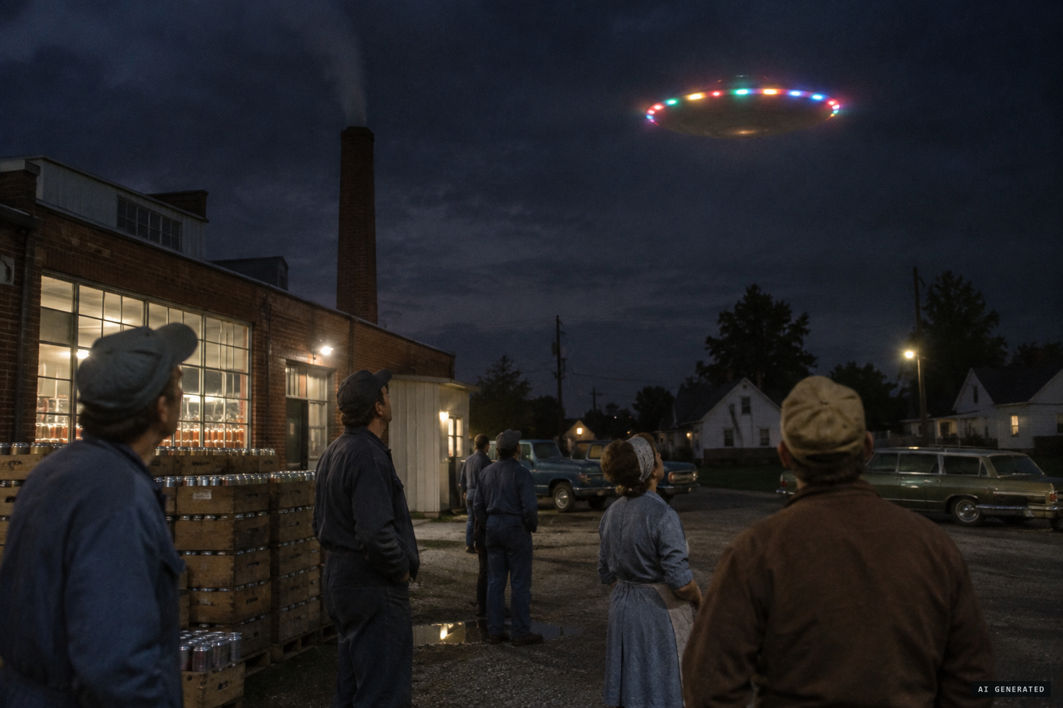 Cannery workers in Eaton watch a lighted object hover above the plant