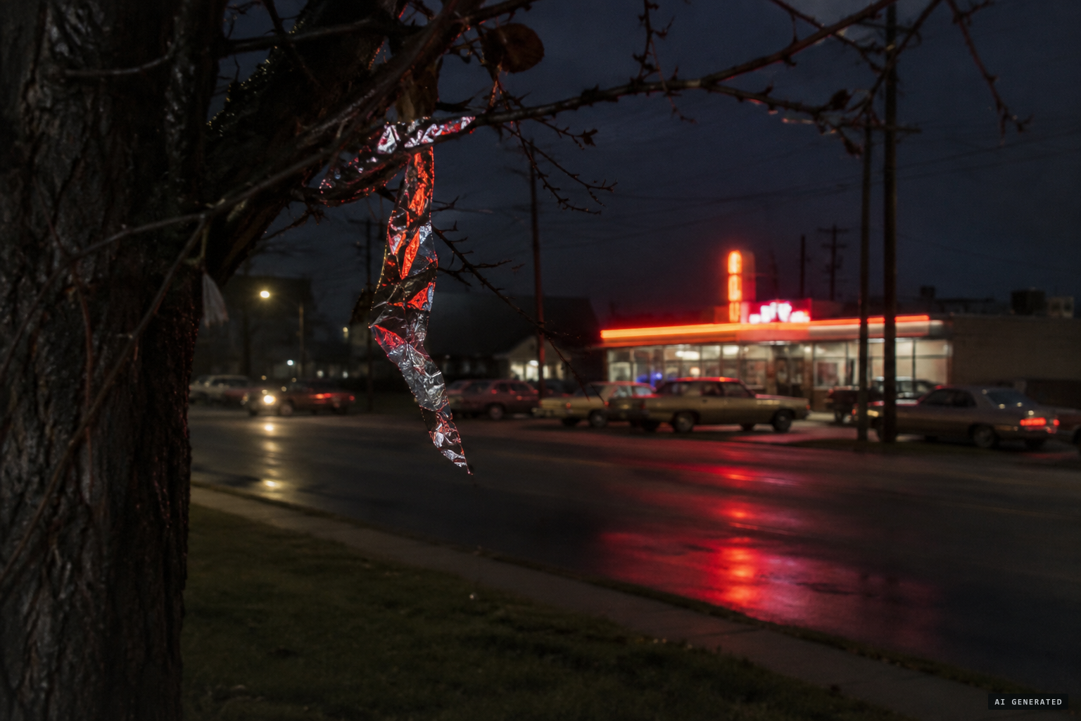 Tinfoil in trees reflecting neon signs, one of the rational explanations