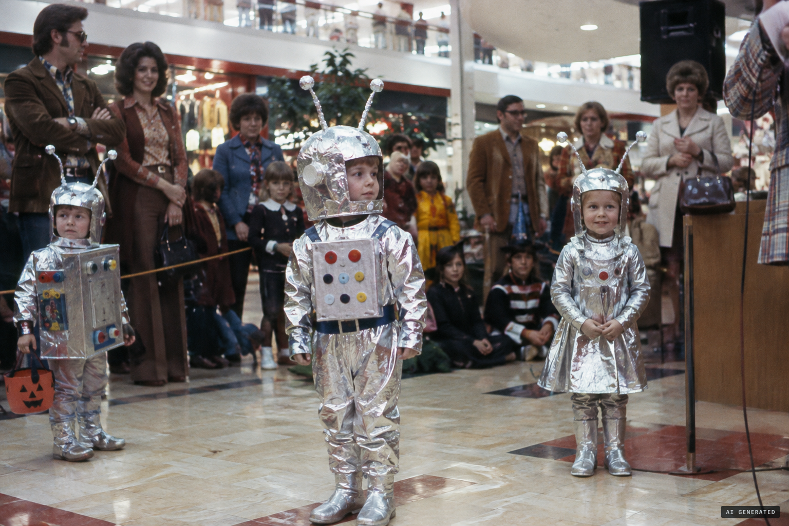 Space costumes at a mall Halloween contest